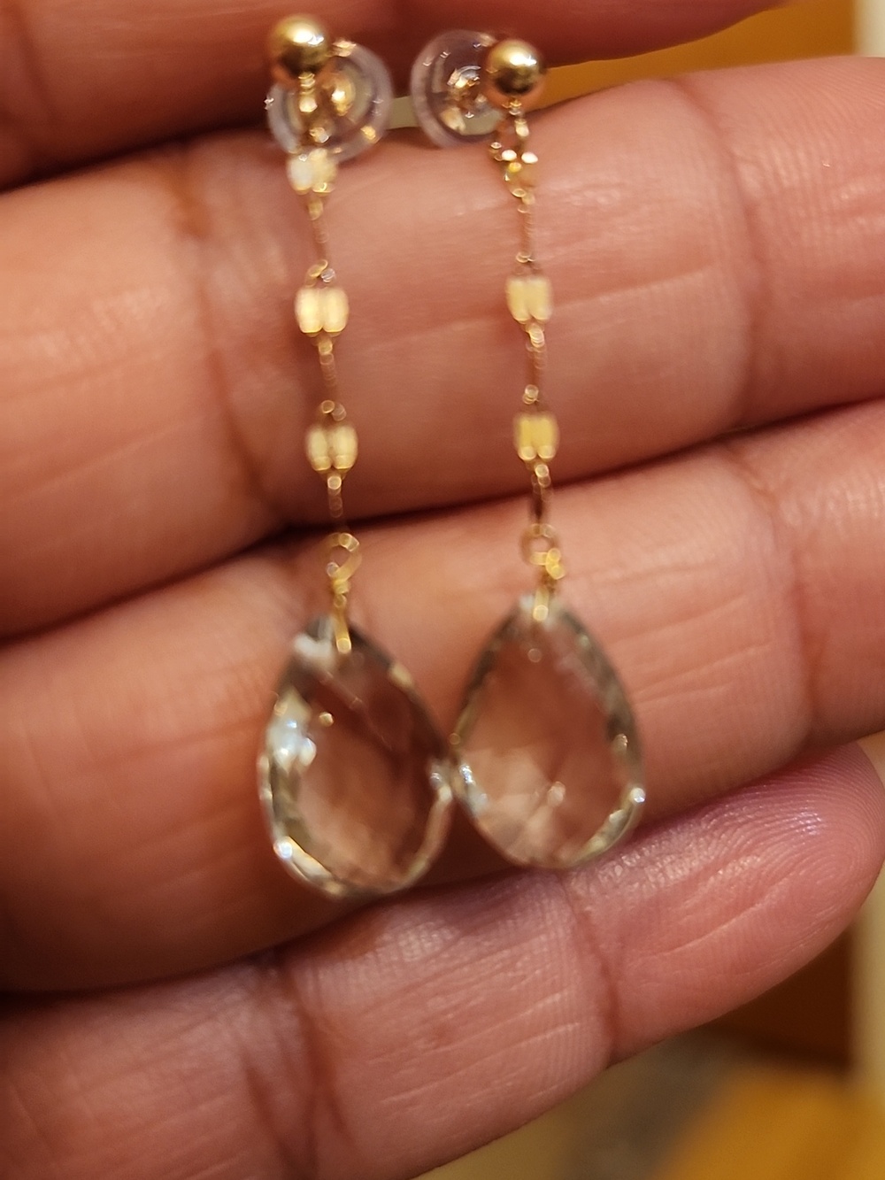 14kt Gold Drop Quart  Dangle Earrings - Elegant Clear Teardrop - Picture 6 of 7
